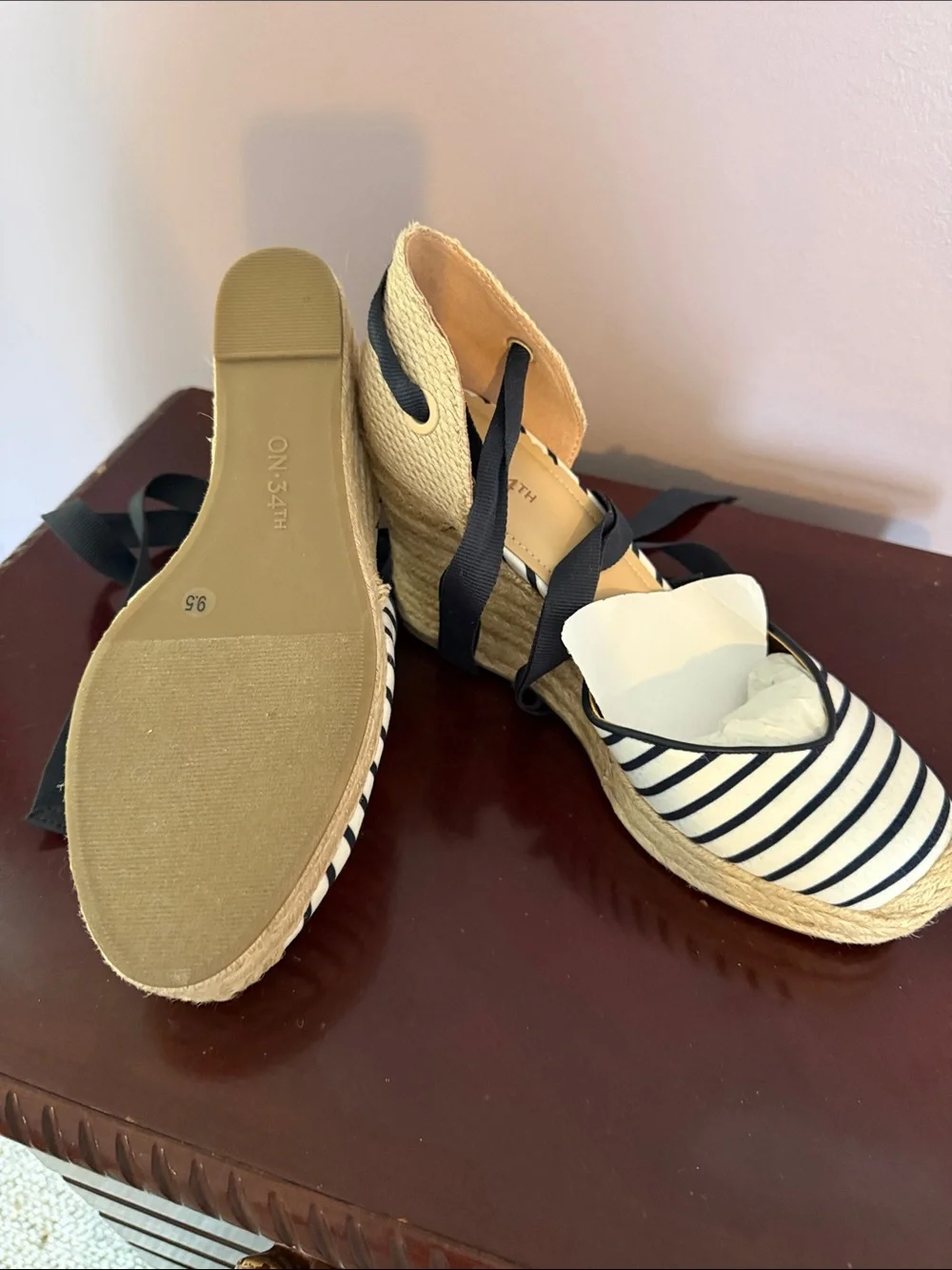 Striped Navy and Cream Espadrille Wedges with Ankle Tie